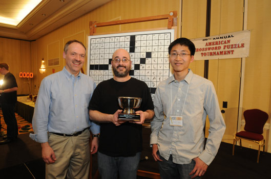 Tournament Victor Dan Feyer with Will Shortz and Final Puzzle Constructor Kevin Der
