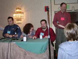 Joe C. and the Pussycats — Joe Cabrera, Jenny Gutbezahl, Jeffrey Schwartz and Will Shortz at the Trivia Contest