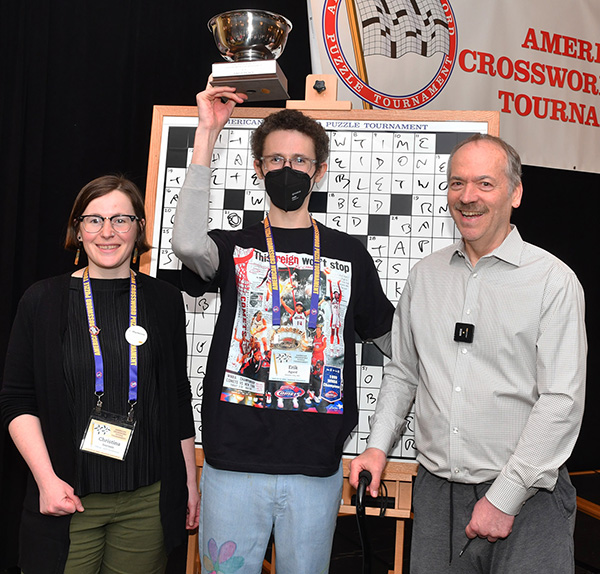 Winner Erik Agard with Puzzle 8 constructor Christina Iverson and Will Shortz